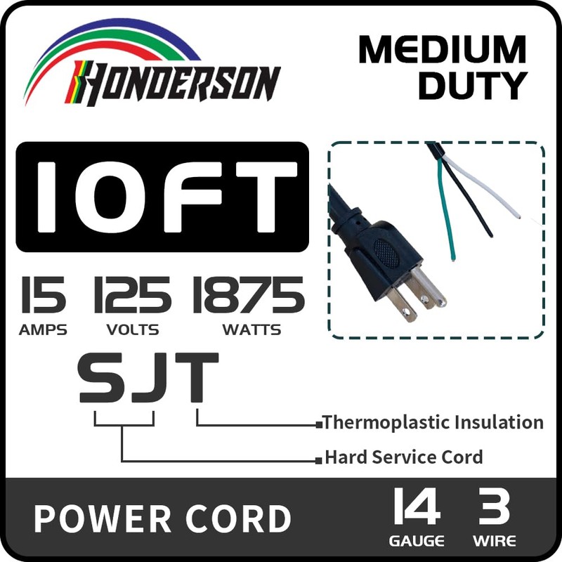 HONDERSON 10 ft Black AC Power Cord Replacement Pigtail End,