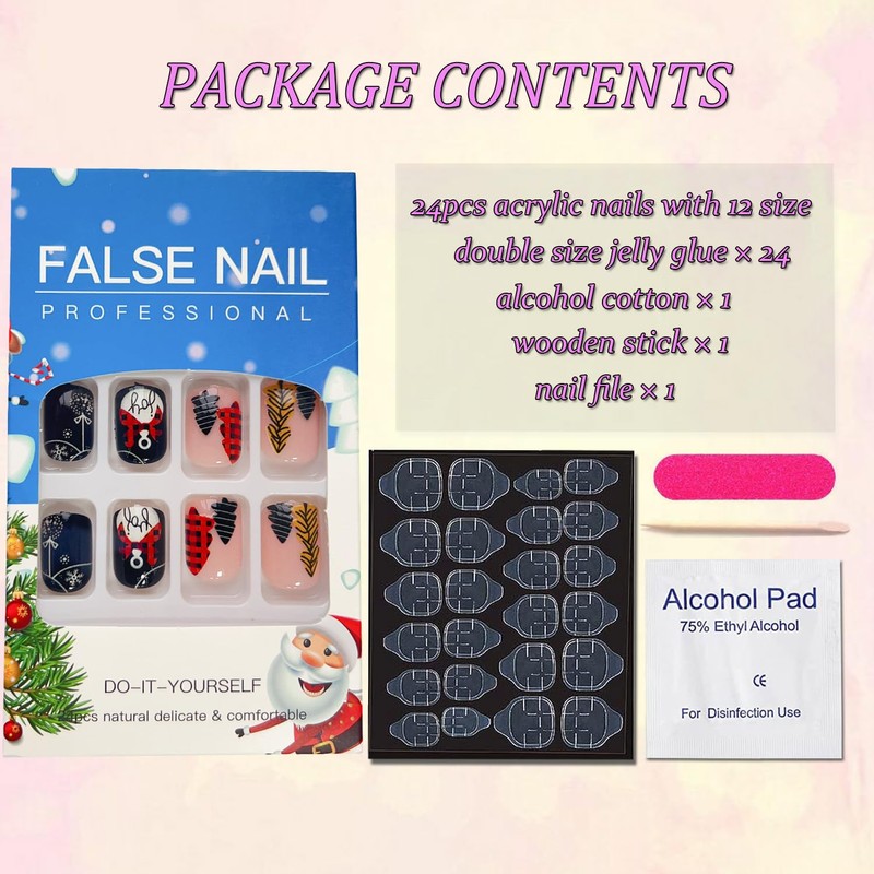 24Pcs Christmas Press on Nails Short Square Fake Nails Black