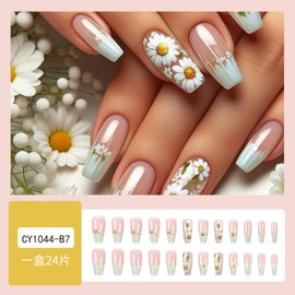 Flower Press on Nails Medium Coffin White French Tip Fake Nails Spring Acrylic Nails Cute Daisy Medium Glue on Nails Coffin Nails Press ons French Press on Nails Holiday Stick on Nails for Women
