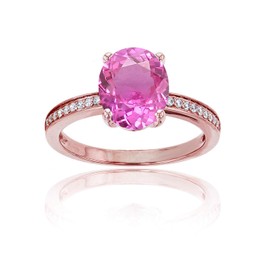 Sterling Silver Rose 1mm Round Created White Sapphire Channel Set & 10x8 Oval Created Pink Sapphire Engagement Ring