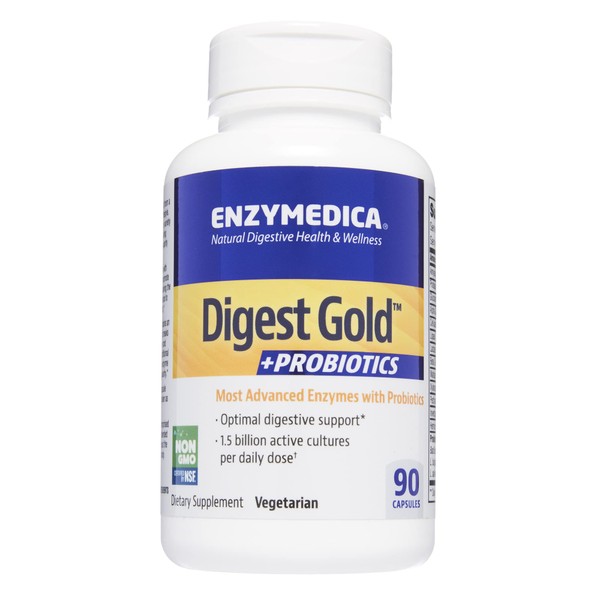 Enzymedica Digest Gold + Probiotics, 2-in-1 Advanced Formula, Supports Healthy Gut with 9 Different Probiotic Strains, Improves Digestion, 90 Capsules (FFP)