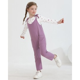 Latnnut Jumpsuits for Girls Girls Fall Clothes Purple Print Round Neck Top and Adjustable Strap Bib Pants with Pockets 6-7 Years