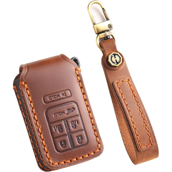 Hontumax Handmade Genuine Leather 6-Button Key Fob Cover for Honda