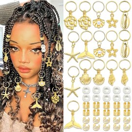 NAISKA 50Pcs Gold Starfish Shell Hair Jewelry Gold Hair Cuffs for Braids Pearl Hair Rings Loc Beads Dreadlock Braids Accessories Festival Jewelry Decorations for Women