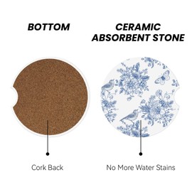 Vintage Blue Flower Car Cup Coaster 2 Pack Ceramic Absorbent Car Coasters 2.56 Inch Non-Slip Car Cup Holder Interior Car Accessories for Women Girls Cup Mats with Cork Base and Finger Notch