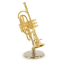 Miniature Trumpet - Brass Golden Color - Decorative Music Item - Delivered with Its Box and Stand - Height 12 cms