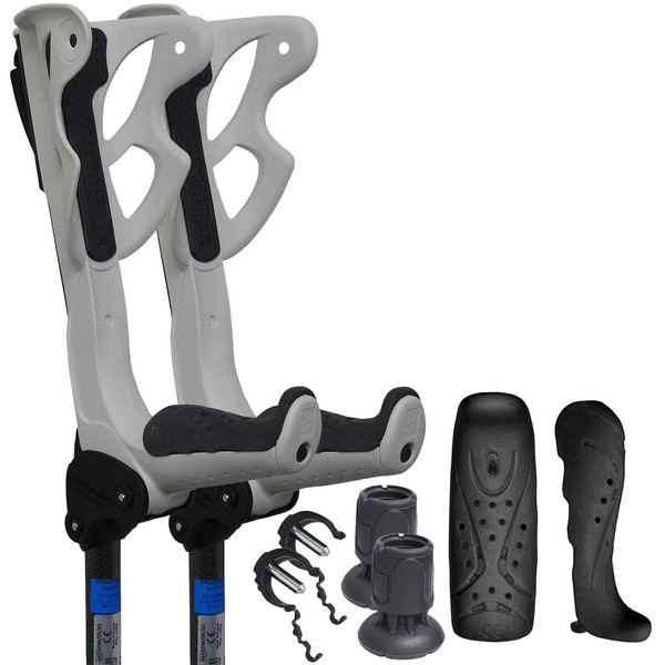 FDI Ergodynamic Pro Shock Absorbing Ultra Comfort Elbow Open Cuff Adjustable Crutches - Heavy - 75kg > Above, White + Black Grips (+ Service Pack Add-On)