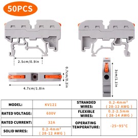 50PCS DIN Rail Connectors Block Terminal Kit,Universal Class Terminal Blocks Kit with Rail Clamp Marking Strips for Electrical Wires (50)