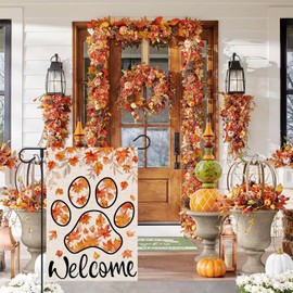 FUYUCHEN Welcome Fall Garden Flag 12x18 Inch Double Sided Outside Maple Leaves Paw Print Small Burlap Flag Outside Autumn Holiday Seasonal Yard Outdoor Decoration