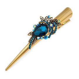 Avalaya Long Vintage Inspired Gold Tone Teal Blue/Ab Crystal Floral Hair Beak Clip/Concord/Crocodile Clip - 13.5cm L