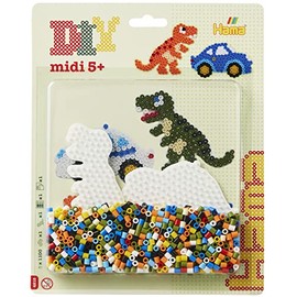 Hama Perlen 4215 Iron-On Beads Dino and Car, Blister Pack with Approx. 1,100 Midi Beads, 2 Pin Plates for Attaching Together, Ironing Paper and Instructions, for Children from 5 Years
