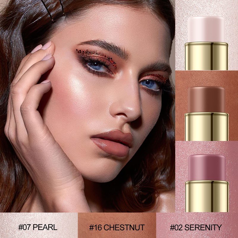 FALOCUTUS 3 Pcs UNIVERSAl Contour Stick Set,Cream Blush & Highlighter