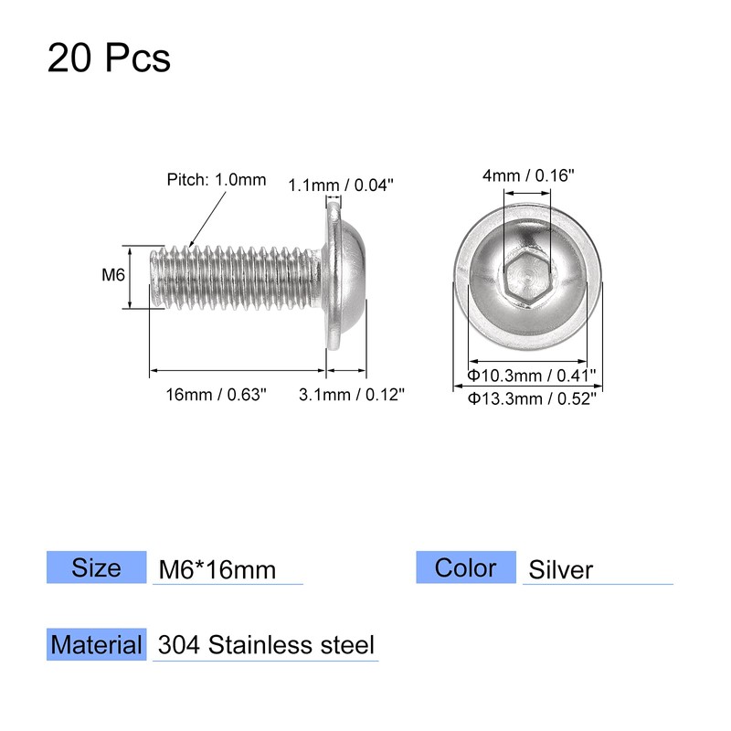 sourcing map Flanged Button Head Socket Cap Screws, M6*16mm Hex