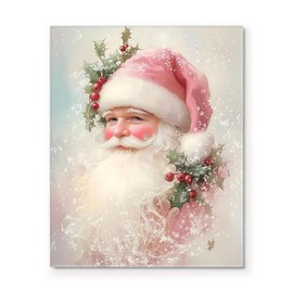 Christmas Wall Art Santa Claus Portrait Pictues Print Framed Wall Decor Canvas Santa with Wreath Red Berry Xmas Canvas Wall Artwork for Living Room Bedroom or Entryway 20x24inch
