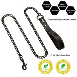 W/W Lifetime Black Chain Dog Leash - Heavy Duty Metal Chew Proof Leash with Leather Padded Handle for Large Medium Dogs (11MM, 4.5ft)