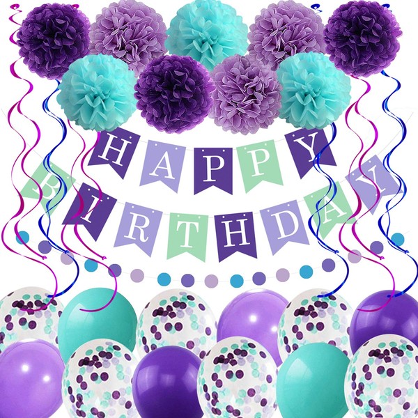 Mermaid Birthday Balloons Decorations Girls Women Birthday Party Supplies Including Pom Poms Flowers Happy Birthday Banner Dots Garland Hanging Swirls and Balloons Purple Teal Confetti