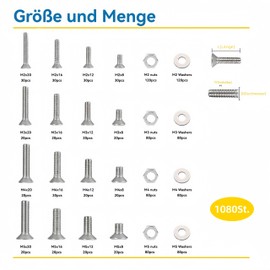 WZHUIDA 1080 Pieces M2 M3 M4 M5 Screws Nuts and Washers Assortment Set, Stainless Steel Countersunk Screws with Hex Socket Screws Nuts Set with 4 Wrenches