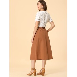 Allegra K Women's Peasant Vintage Elastic Waist Cotton Skirt A-Line Midi Scrub Skirts with Pockets Brown X-Small