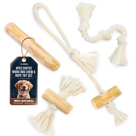 4 Pack Coffee Wood Dog Chew, Wood Tug, Rope Tug & Rope For Small & Medium Dog 15-40 lbs, 100% Natural Teething Toys, Cotton Rope Toy to Keep Them Busy, Organic dog toy, Relieve Stress - Wooden Toy