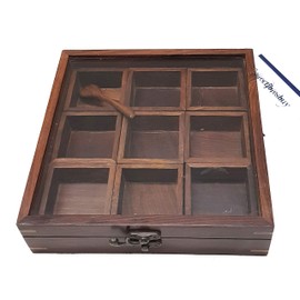 An Exclusive Handicraft Brown Designer Wooden Spice Box Kitchen & Dining Great 9 Spices storage Boxes 8 x 8 x 2.5 " inch
