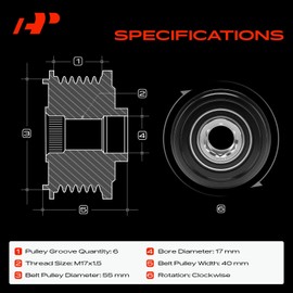 A-Premium Alternator Freewheel Clutch Pulley Compatible with Subaru Forester 2014-2018 2.0L, Forester 2014-2016 2.5L, 6 Grooves Clockwise