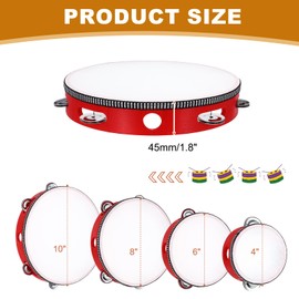 sourcing map 1 Pcs Tambourine Drum 10 Inch Wood Hand Held Tambourine Single Row Metal Jingle Percussion Musical Drum Instrument for Adults Church Wedding Party Games, Red