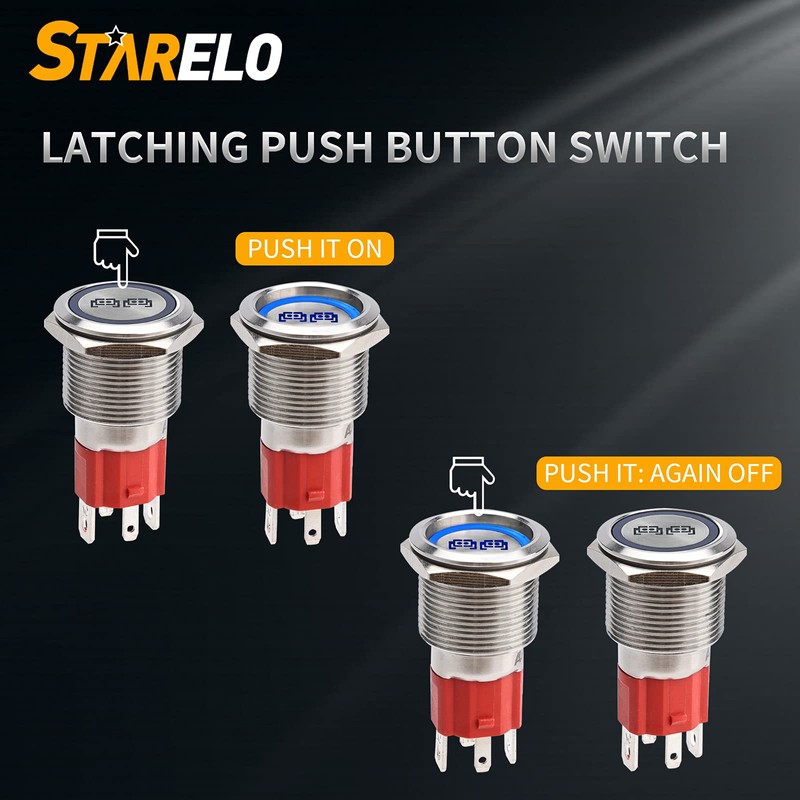 STARELO 10Amp Latching Push Button Switch, Rear Lights, 12V 24VDC