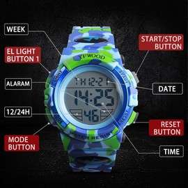 YFWOOD Kids Digital Watch,Waterproof Outdoor Watches, Children Casual Electronic Analog Quartz Wrist Watches with Silicone Band Luminous Alarm Stopwatch for Boys -Camouflage Blue