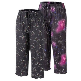 ENJOYNIGHT 2 Pack Women's Capri Pajama Pants Lounge Sleep Bottom with Pockets(X-Large,B-Cat+LGR)