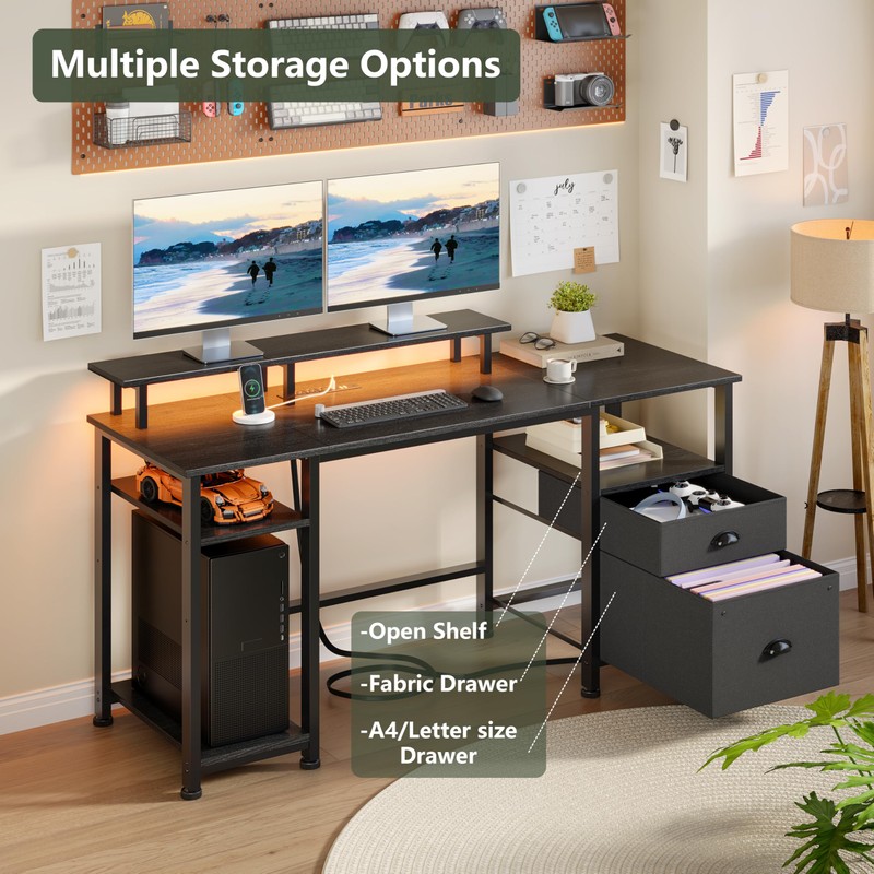 Furologee 51" Gaming Desk with Power Outlets & LED Lights,