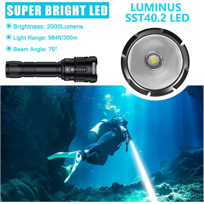 Genwiss Dive Light, 2000 Lumen Waterproof Flashlight with 5 Modes,