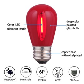 MAINDECO S14 Replacement LED Bulb, E26 Base,for Holiday and Party Outdoor String Light,6 Pack Red