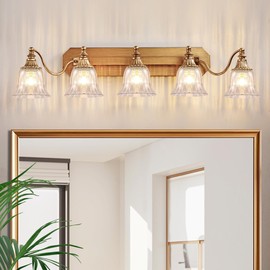 DvmTeom Gold Vintage Bathroom Vanity Light Fixture, 5-Light Vanity Light for Bathroom, Matte Antique Brass Finish with Crystal Glass Shade, Lighting fixtures Over Mirror