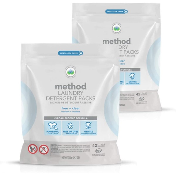 Method Laundry Detergent Packs, Hypoallergenic Formula & Plant-Based Stain Remover that Works in Hot & Cold Water, Fragrence Free + Clear, 42 Packs per Bag, 2 Pack (84 Loads), Packaging May Vary