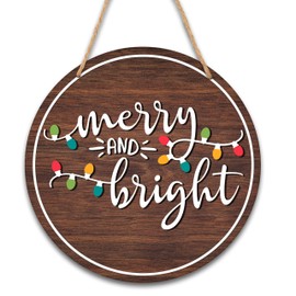 Merry & Bright Christmas Welcome Sign for Front Door Decor, 8" Round Wood Sign Hanging Plaques, Christmas Home Room Wall Art Party Decorations Supplies -A14