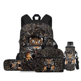 ELEDIZI Tiger Camo Backpack for Boys Kids Backpack with Lunch Box Water Bottle Holder with Strap and Soft Pencil Pouch 4Pcs Set 15" Bookbag with Front Pocket for School Sturdy Kindergarten School Bag