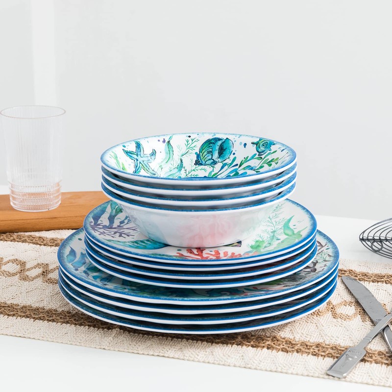 LEHAHA 12-Piece Melamine Beach Dinnerware Set, Coastal Plates and Bowls