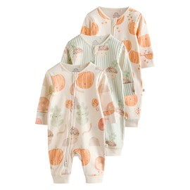 NEXT Footless Pyjamas with Two Way Zip, Pack of 3, cream, 6-9 months
