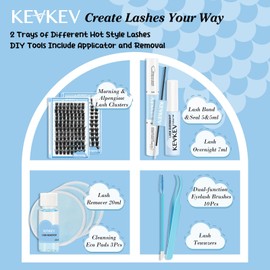 KevKev DIY Lash Extension Kit Lash Clusters Kit 2 Count Eyelash Clusters Lash Bond and Seal 7ml Overnighter Sealer Lash Remover for Lash Extension Clusters(Morning+Alpenglow, 208 Pcs Kit)