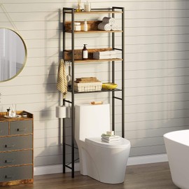 Rolanstar Over The Toilet Storage 4-Tier, Freestanding Bathroom Organizer, Sturdy Behind Toilet Rack with Hooks, Space-Saving Design, Fits Most Toilets, Rustic Brown