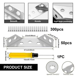 Pack of 50 Triangle Support Made of Stainless Steel, Furniture Corner Connector with 300 Screws and Screwdriver, Stainless Steel Angle Brackets, Furniture Connector, Triangle Shape, Corner Bracket for