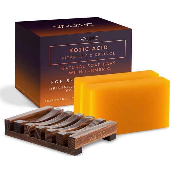 VALITIC Kojic Acid Vitamin C and Retinol Soap Bars with Turmeric for Dark Spot - Original Japanese Complex with Collagen, Hyaluronic Acid, Vitamin E (2-Pack) - with Soap Holder