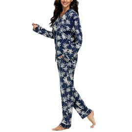 Tugege Pajamas Set Long Sleeve Sleepwear Women Button Down Nightwear Pj Lounge Sets (Deep Blue Coconut, Large)