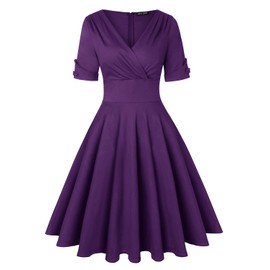 MINTLIMIT Womens 50s Dress Rockabilly Half Sleeve Vintage Wrap V Neck Retro Cocktail Dresses (Violet - Size L)