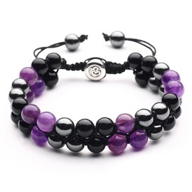 Triple Protection Bracelet - for Protect & Balance - Energy Crystal Bracelets for Men Women - Bring Good Luck & Prosperity - Amethyst Hematite & Black Obsidian Jewelry Natural Stone Healing Bracelet