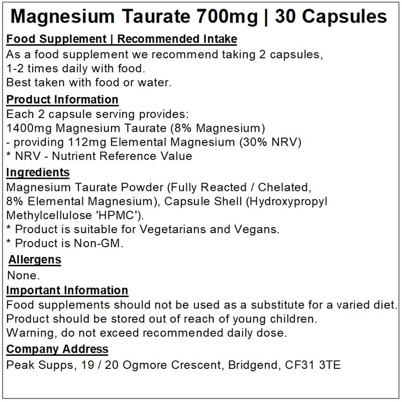 Magnesium Taurate 700mg Capsules - Vegan Friendly - Non-GM (30