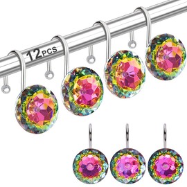 12PCS Shower Curtain Hooks Rings for Bathroom, Stainless Steel Rust Resistant Decorative Rhinestones Shower Curtain Rings Hangers for Shower Curtains, Clothing, Towels, etc. (Colorful)