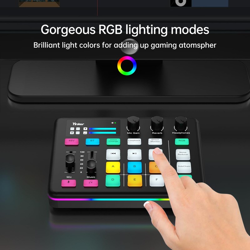 Yinker Gaming Audio Mixer, RGB Audio Interface with 48V Phantom