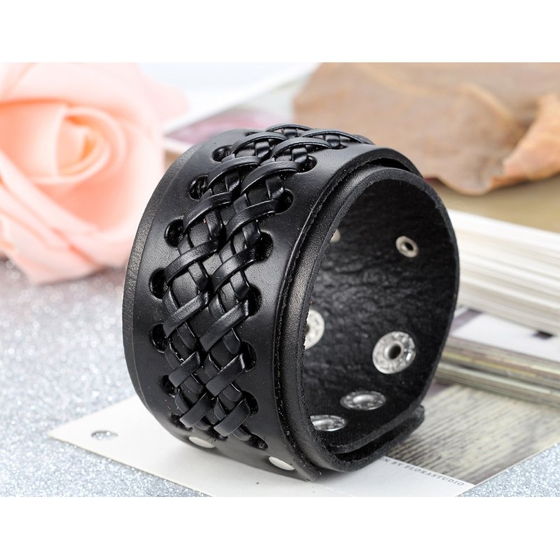 Flongo Wide Alloy Leather Bracelet Cuff Cuff Black Coffee Silver