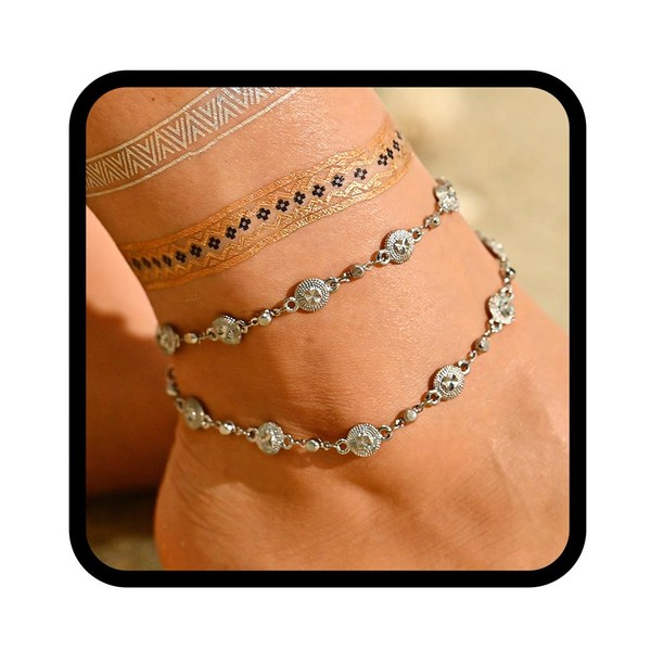 Zoestar Boho Rhinestone Anklet Silver Crystal Layered Ankle Bracelets Beach